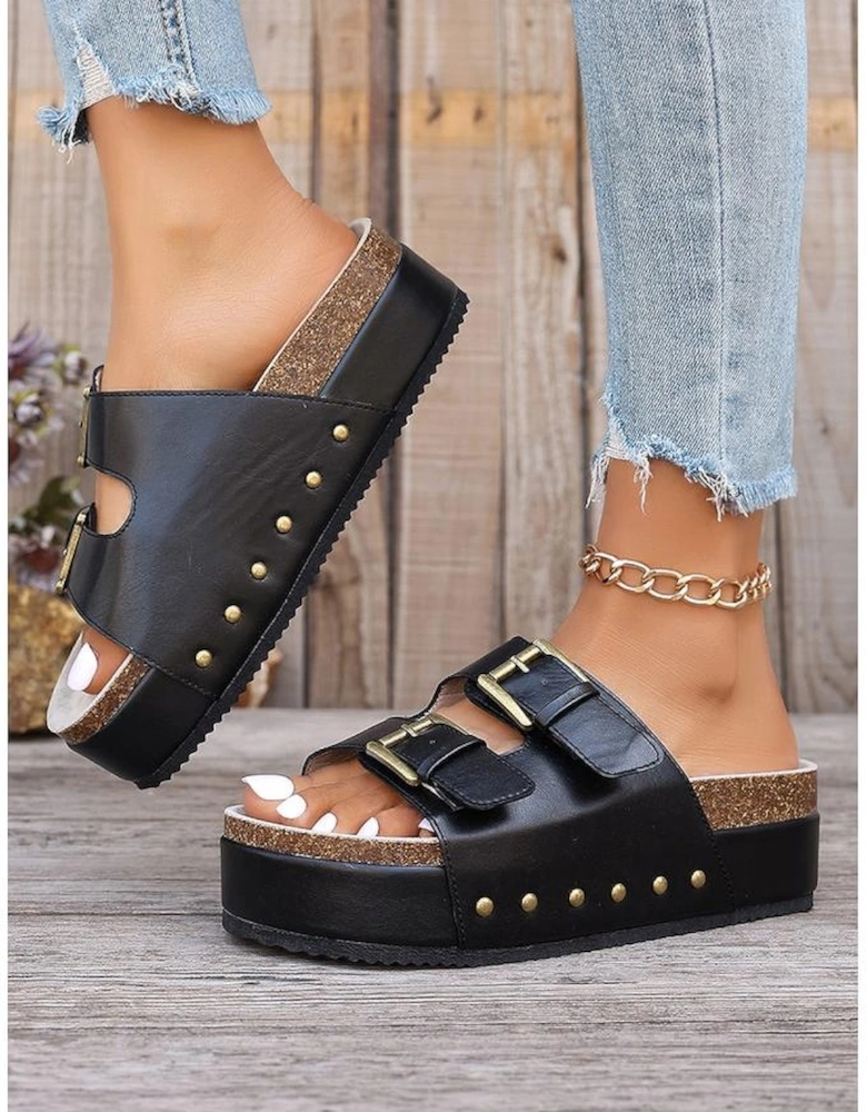 Black Dual Buckle Studded Platform Sandal Slippers
