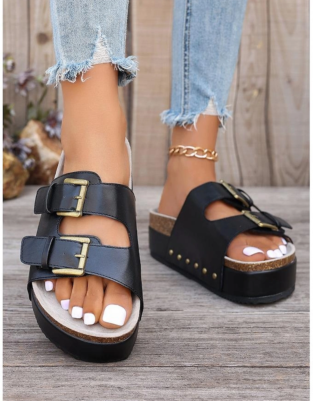 Black Dual Buckle Studded Platform Sandal Slippers, 6 of 5