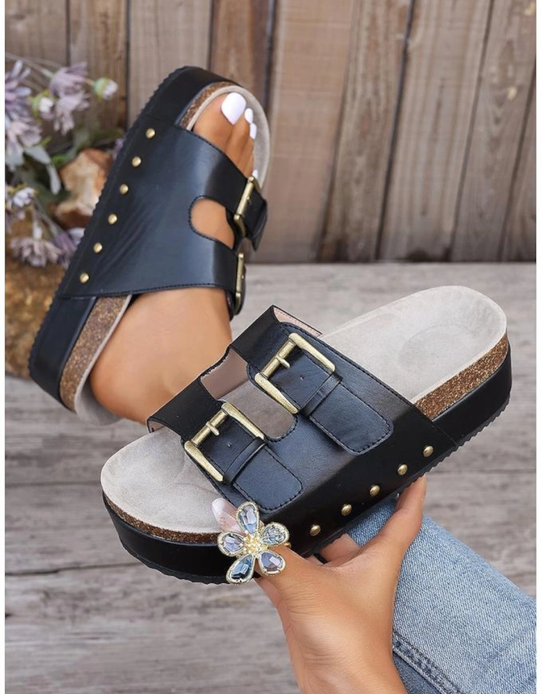 Black Dual Buckle Studded Platform Sandal Slippers