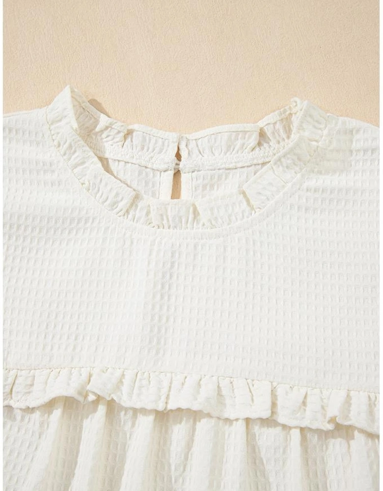 White Solid Color Ruffle Trim Waffle Knit Blouse