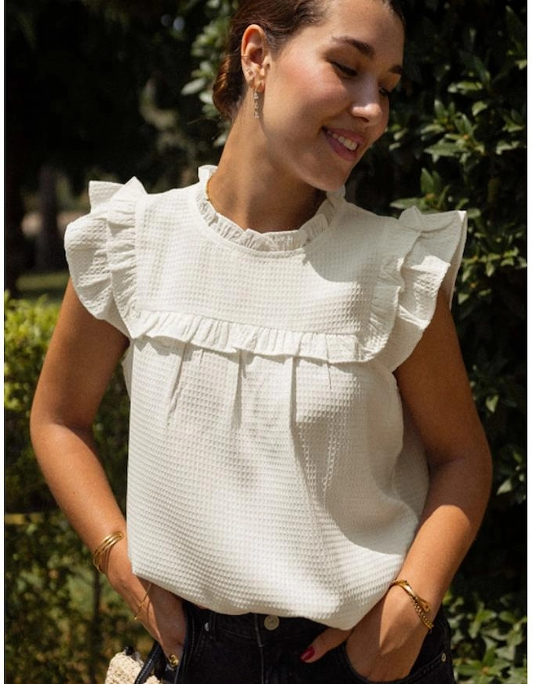 White Solid Color Ruffle Trim Waffle Knit Blouse, 14 of 13