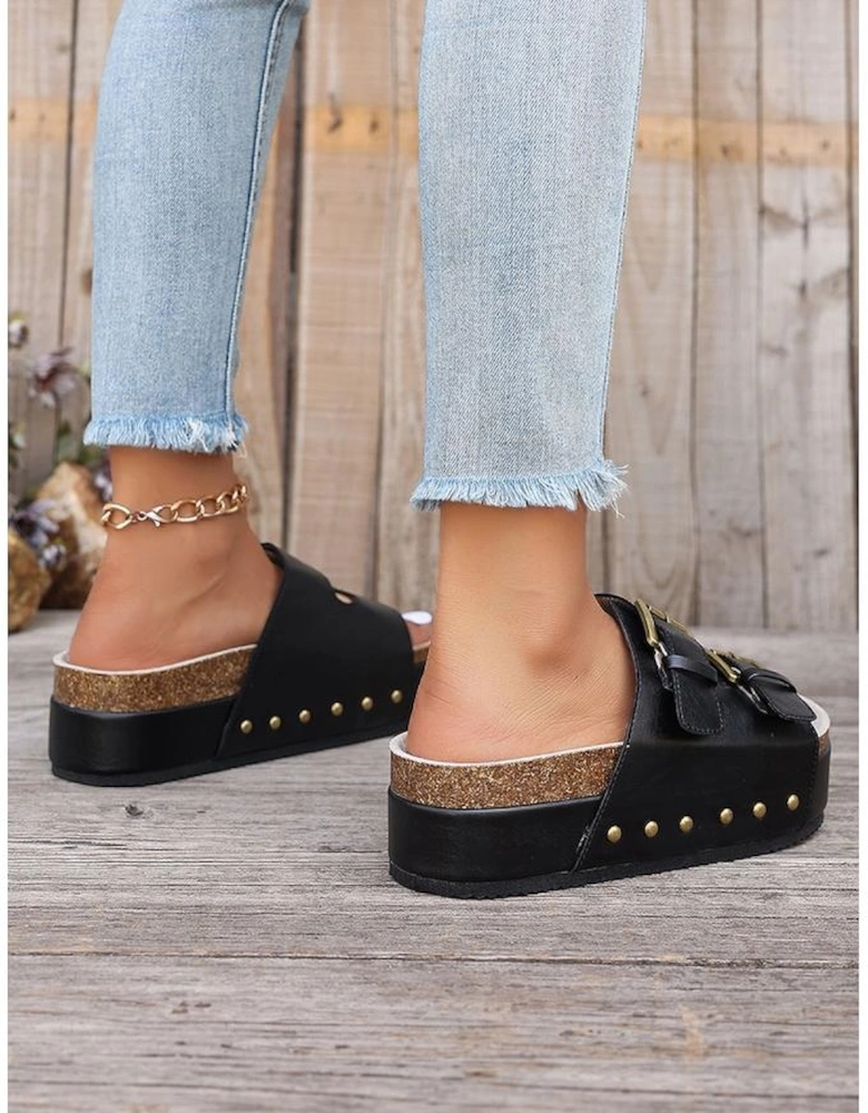 Black Dual Buckle Studded Platform Sandal Slippers