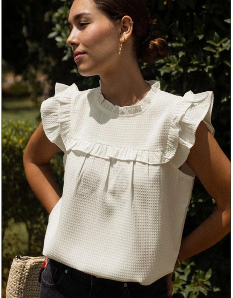 White Solid Color Ruffle Trim Waffle Knit Blouse