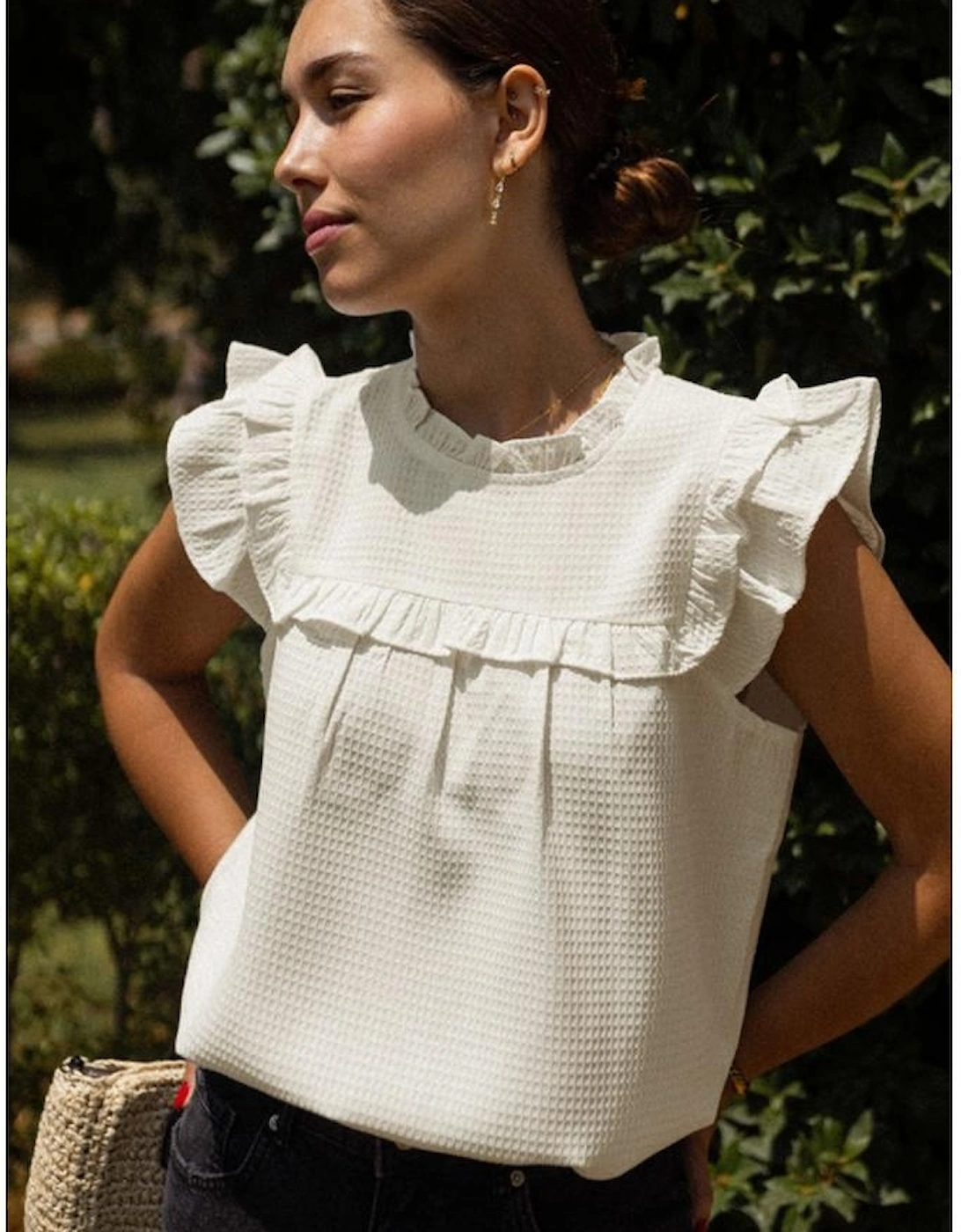 White Solid Color Ruffle Trim Waffle Knit Blouse
