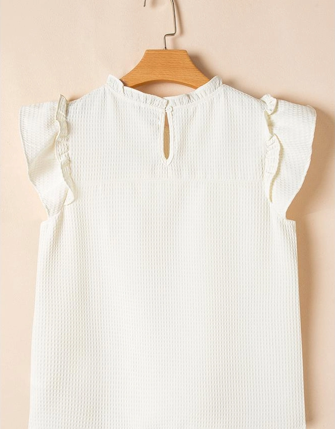 White Solid Color Ruffle Trim Waffle Knit Blouse