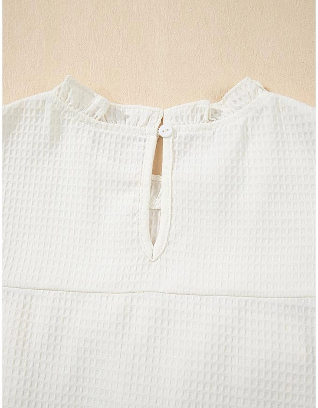 White Solid Color Ruffle Trim Waffle Knit Blouse