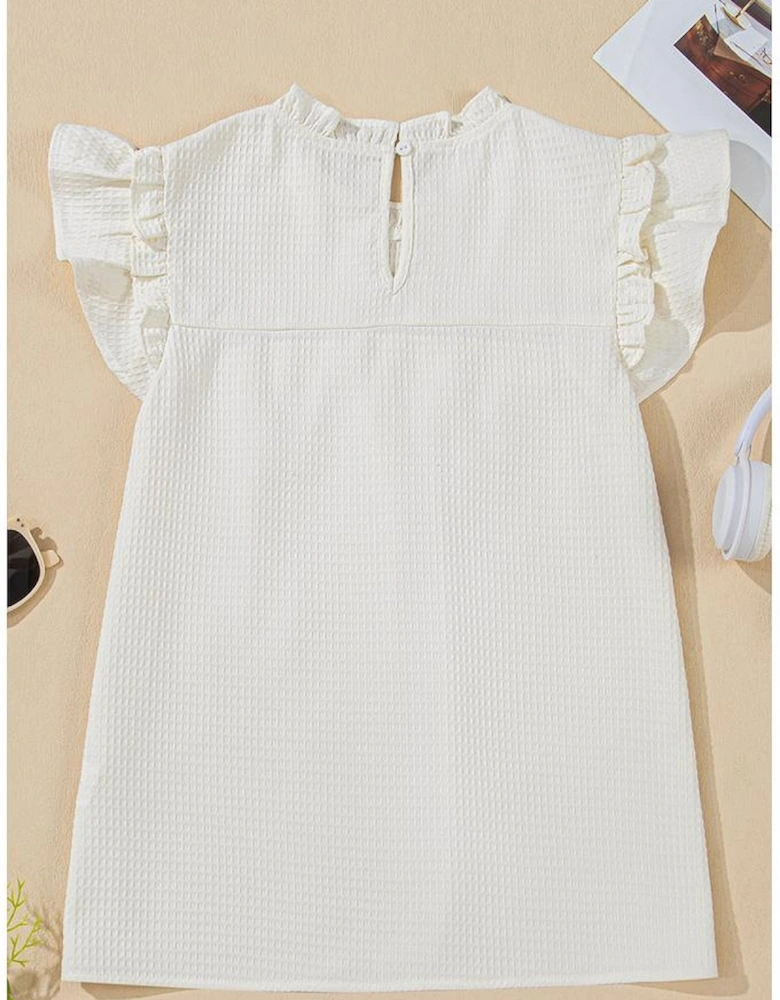 White Solid Color Ruffle Trim Waffle Knit Blouse
