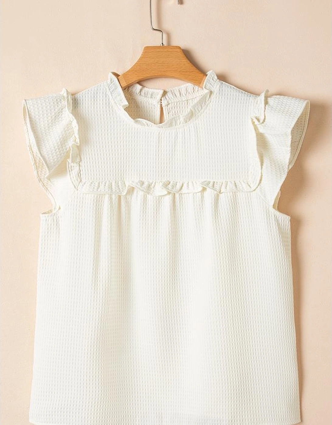 White Solid Color Ruffle Trim Waffle Knit Blouse