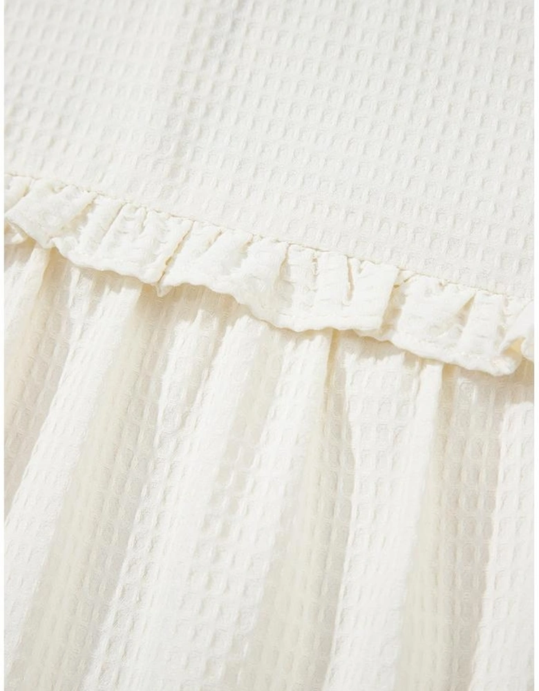 White Solid Color Ruffle Trim Waffle Knit Blouse