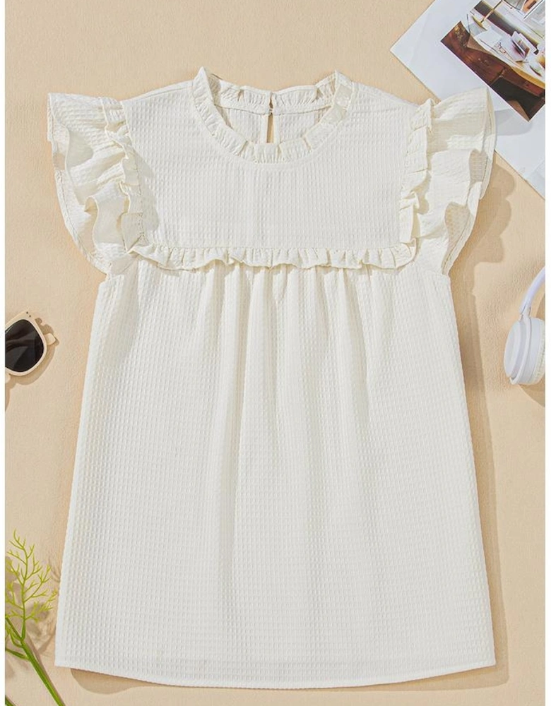 White Solid Color Ruffle Trim Waffle Knit Blouse