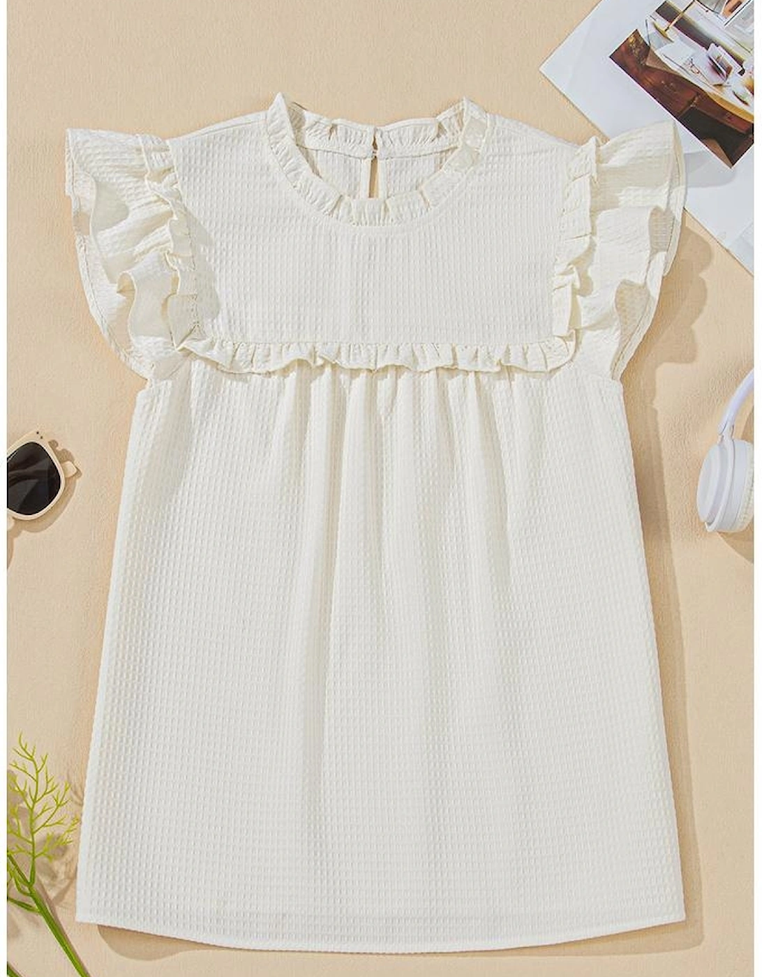 White Solid Color Ruffle Trim Waffle Knit Blouse