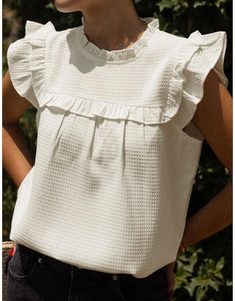 White Solid Color Ruffle Trim Waffle Knit Blouse