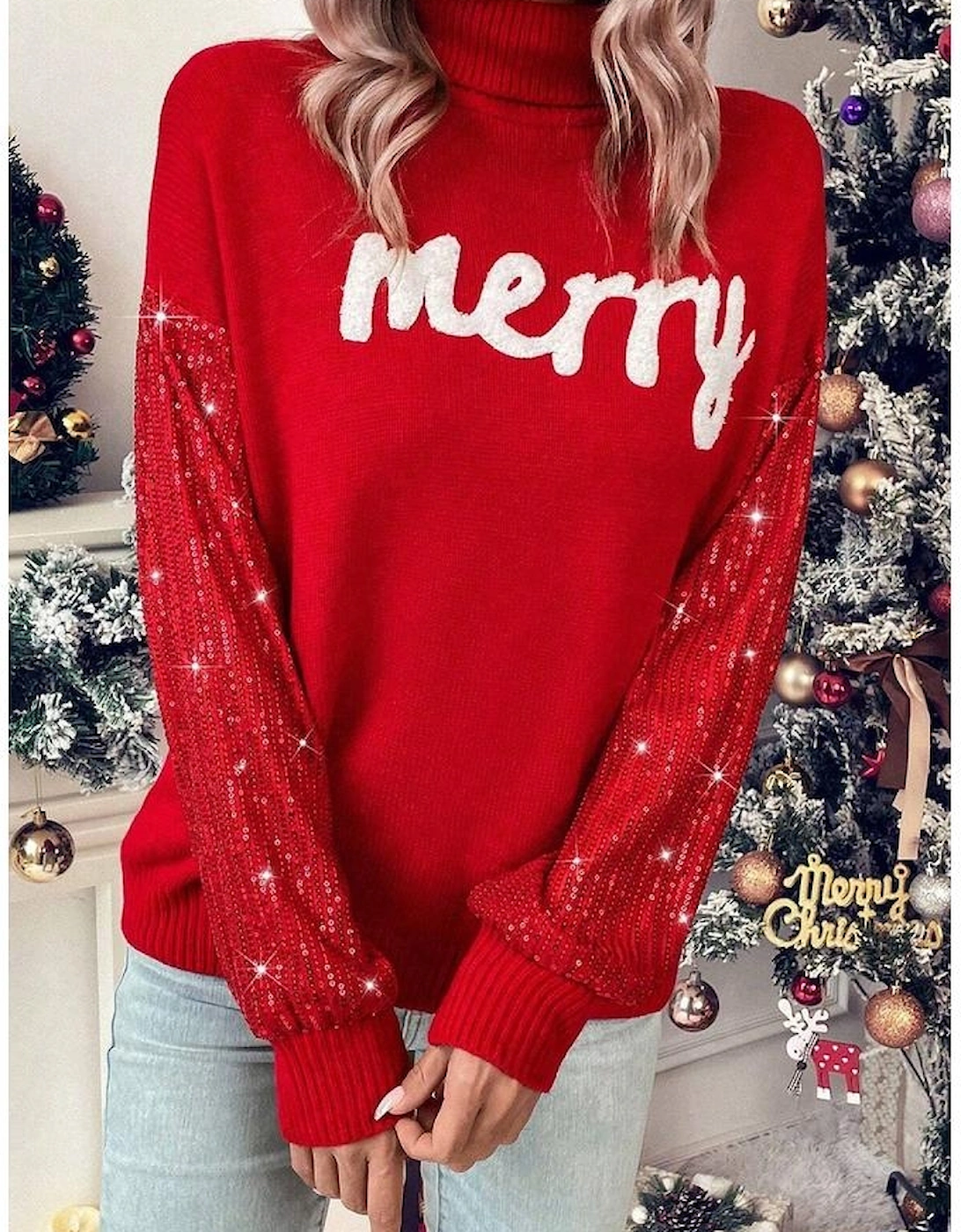 Racing Red Merry Graphic Sequin Sleeves Christmas Turtleneck Sweater