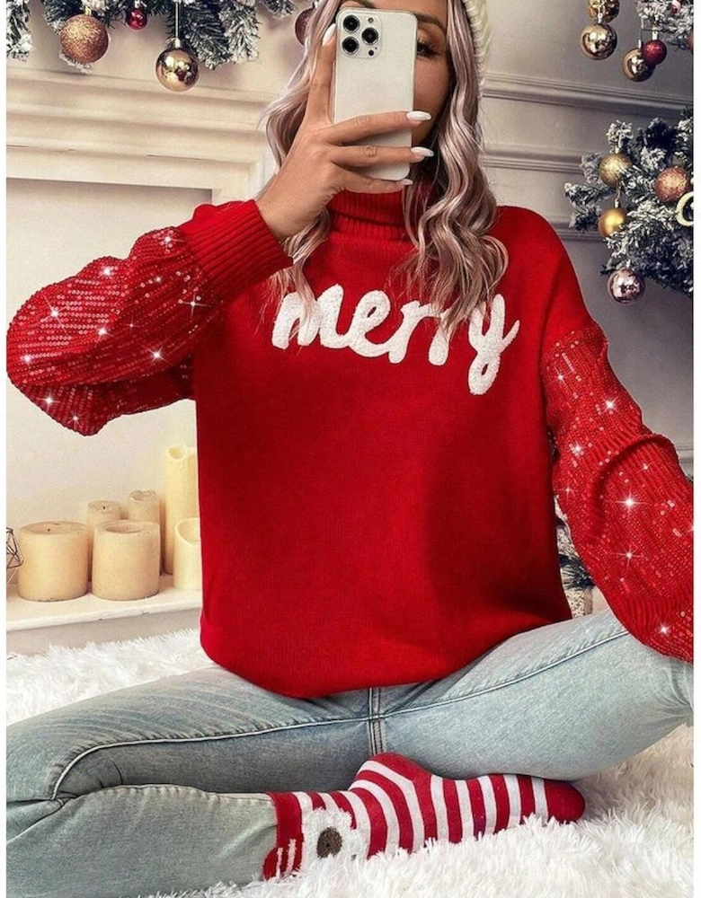 Racing Red Merry Graphic Sequin Sleeves Christmas Turtleneck Sweater