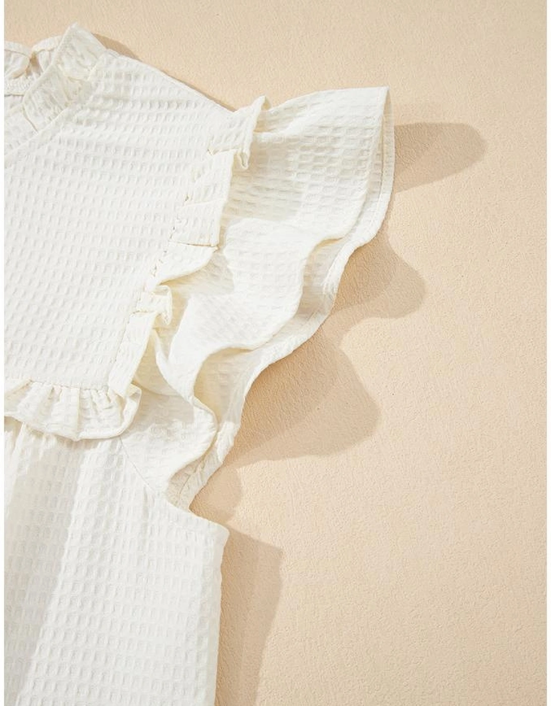 White Solid Color Ruffle Trim Waffle Knit Blouse