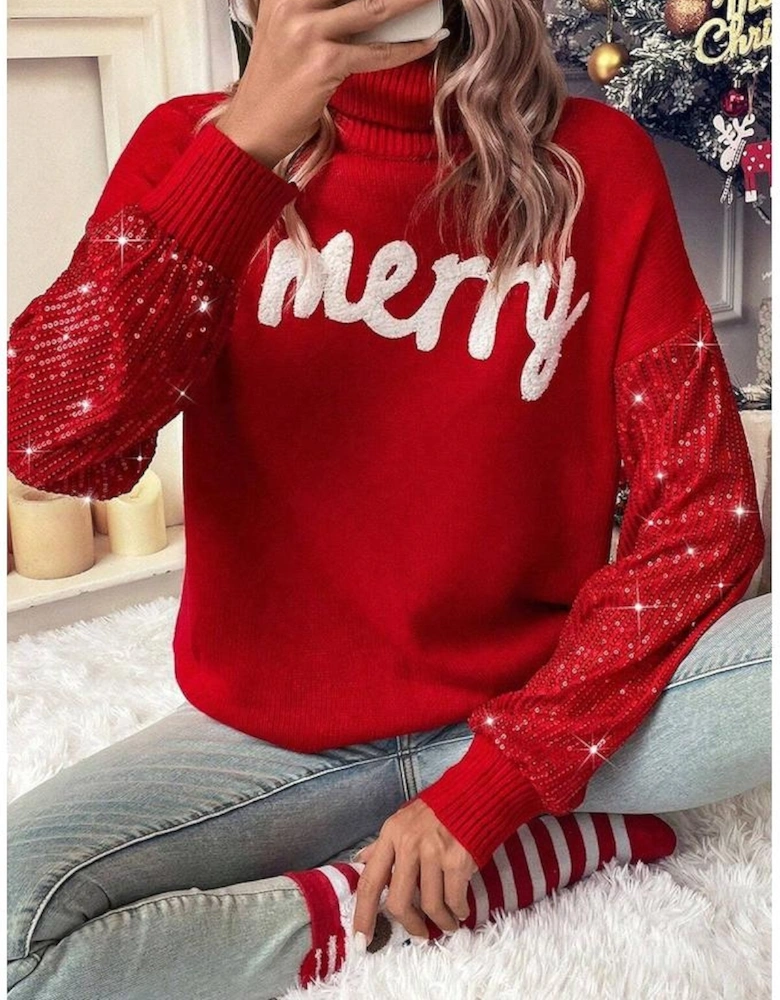 Racing Red Merry Graphic Sequin Sleeves Christmas Turtleneck Sweater