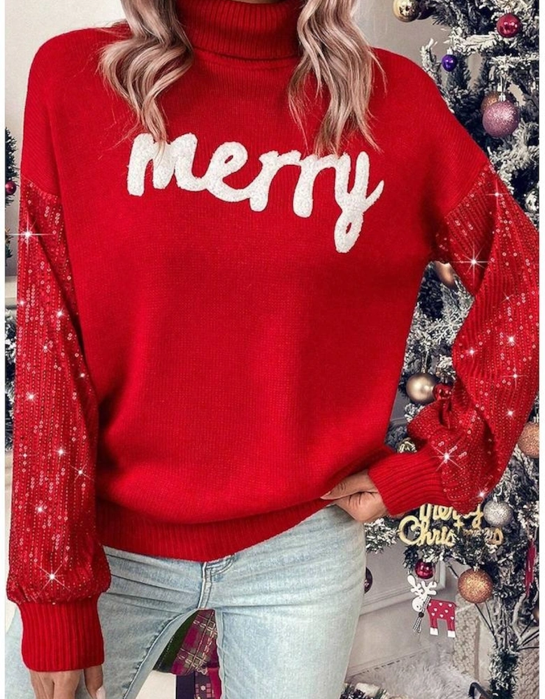Racing Red Merry Graphic Sequin Sleeves Christmas Turtleneck Sweater