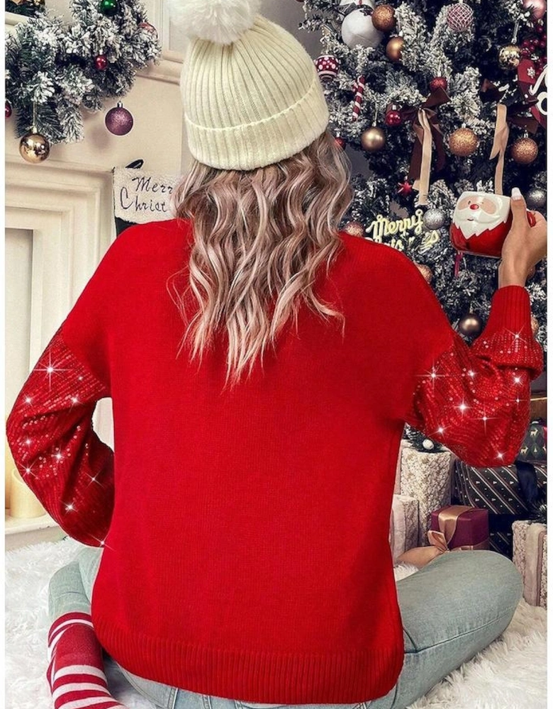 Racing Red Merry Graphic Sequin Sleeves Christmas Turtleneck Sweater