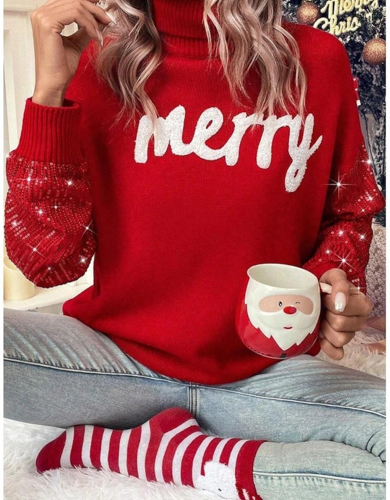 Racing Red Merry Graphic Sequin Sleeves Christmas Turtleneck Sweater