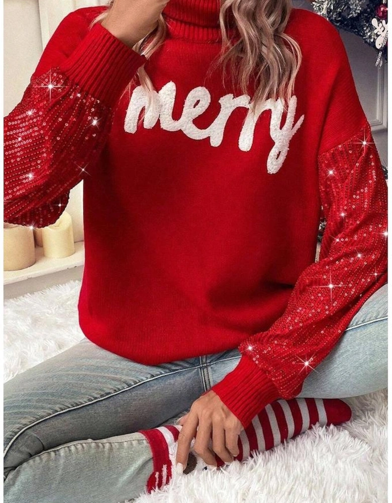 Racing Red Merry Graphic Sequin Sleeves Christmas Turtleneck Sweater