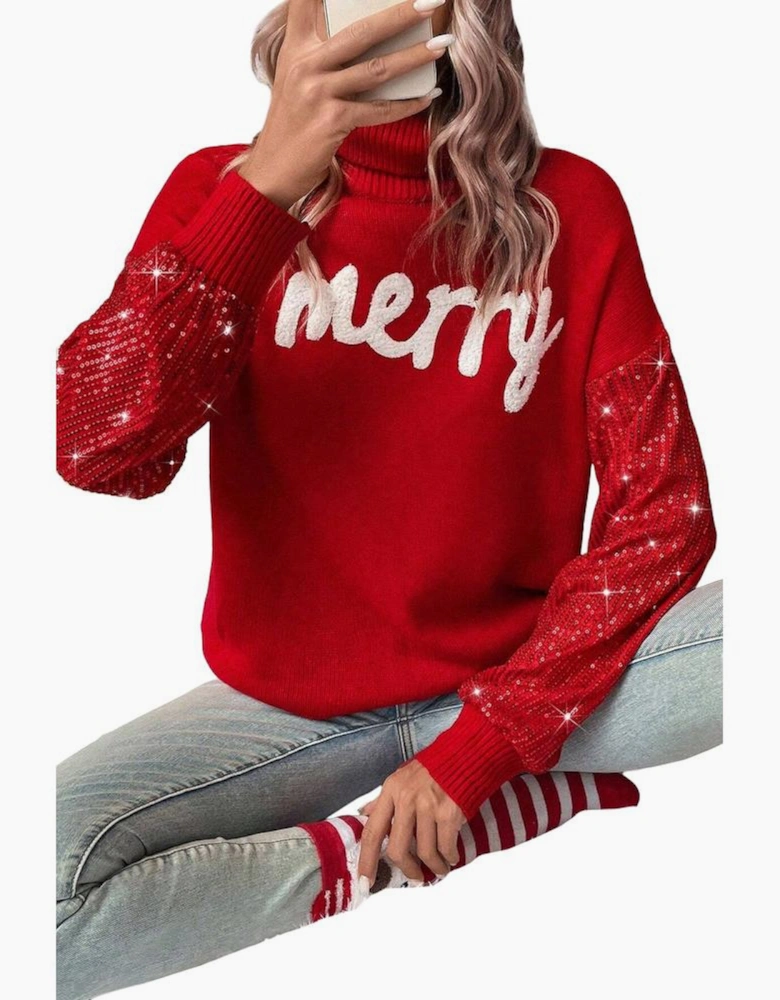 Racing Red Merry Graphic Sequin Sleeves Christmas Turtleneck Sweater