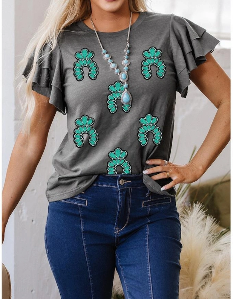 Dark Grey Sequin Turquoise Pattern Ruffle Sleeve Cowgirl Tee