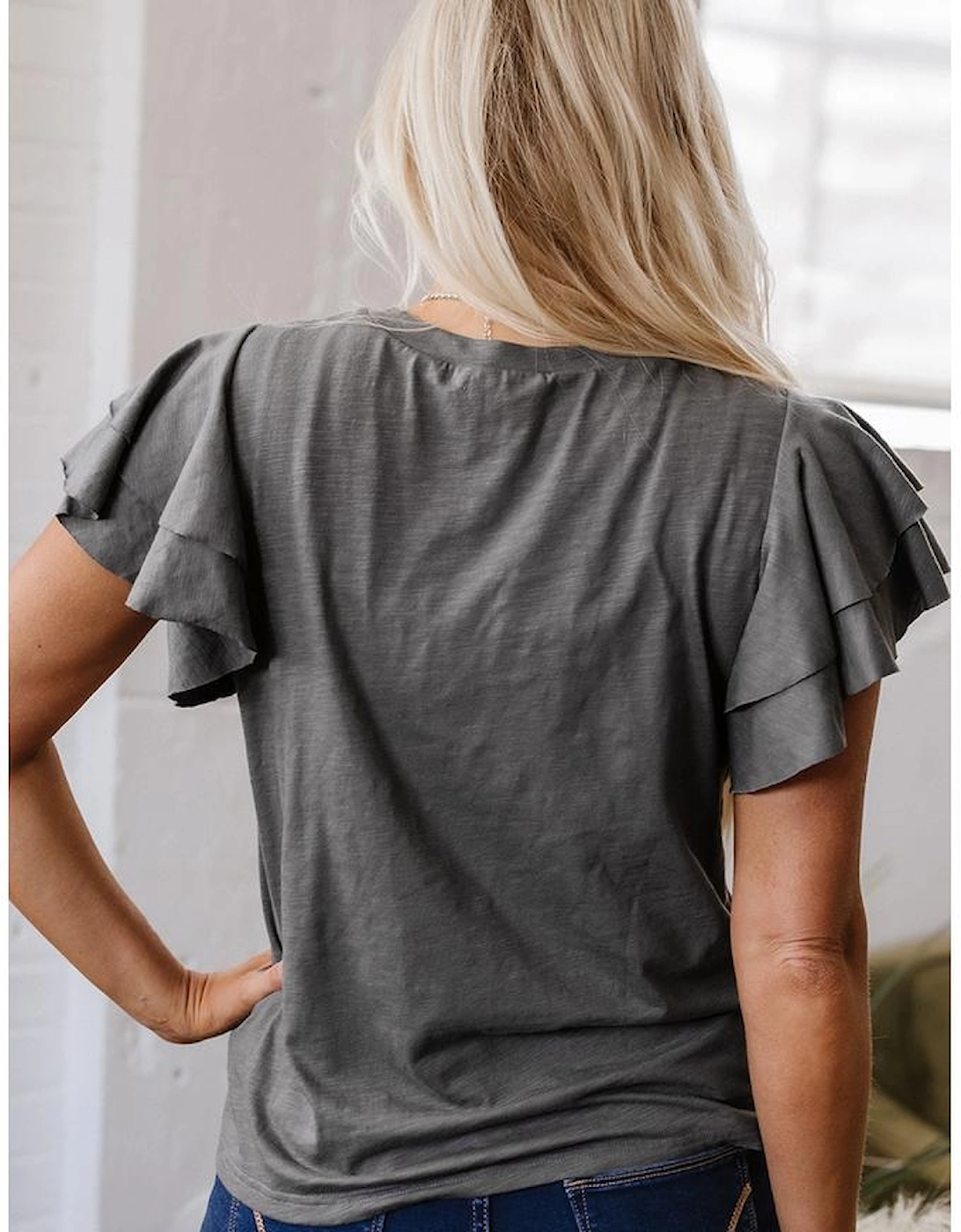 Dark Grey Sequin Turquoise Pattern Ruffle Sleeve Cowgirl Tee