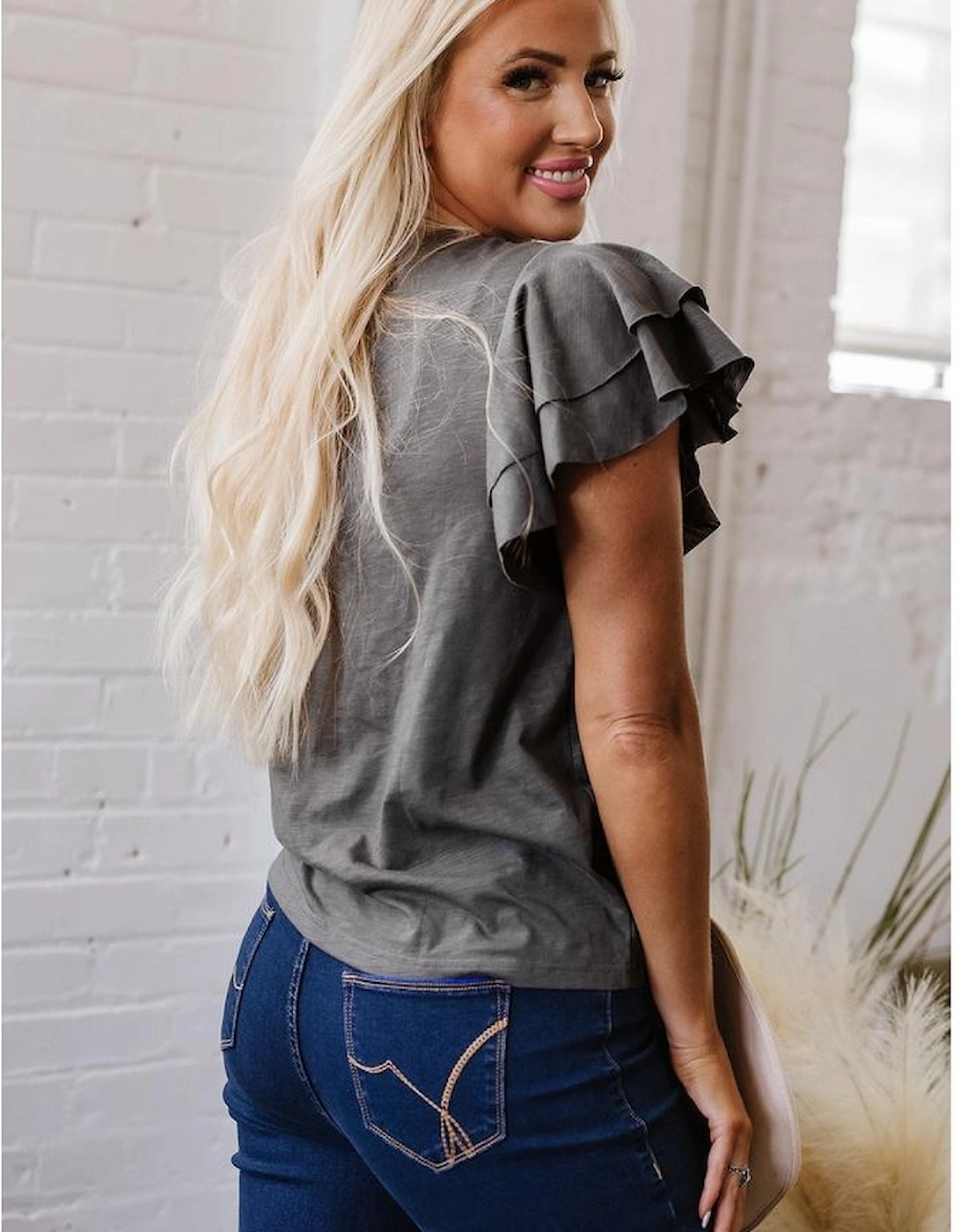 Dark Grey Sequin Turquoise Pattern Ruffle Sleeve Cowgirl Tee