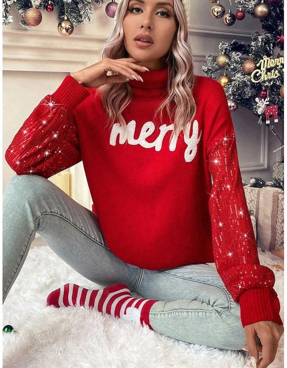 Racing Red Merry Graphic Sequin Sleeves Christmas Turtleneck Sweater