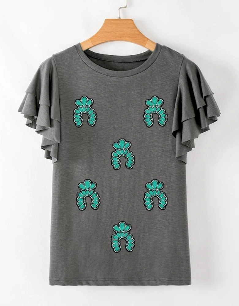 Dark Grey Sequin Turquoise Pattern Ruffle Sleeve Cowgirl Tee