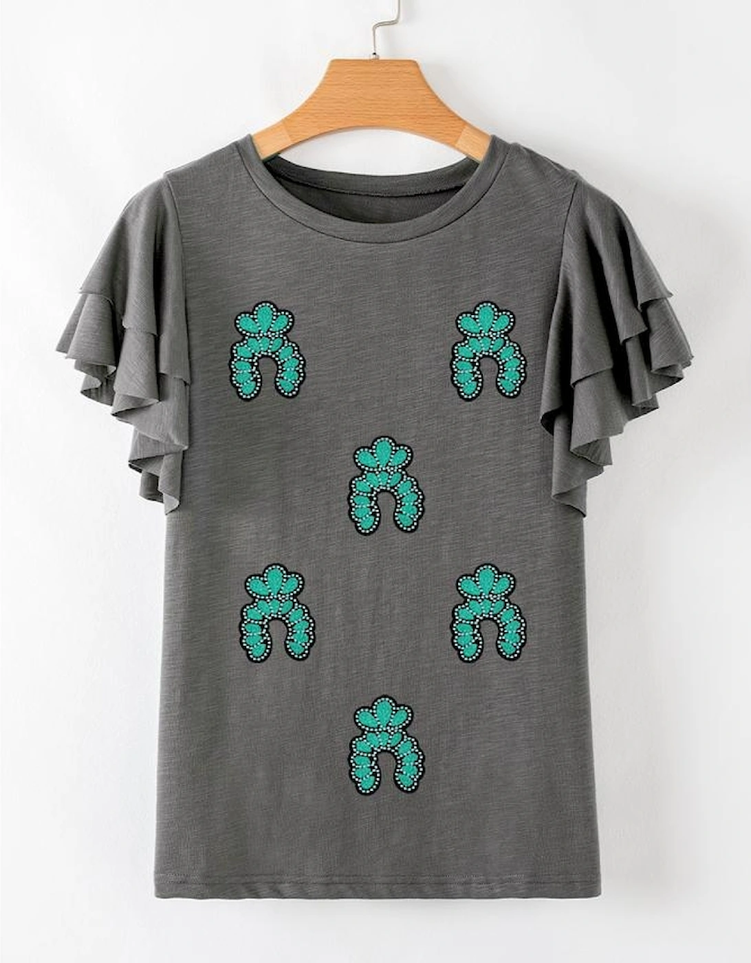 Dark Grey Sequin Turquoise Pattern Ruffle Sleeve Cowgirl Tee