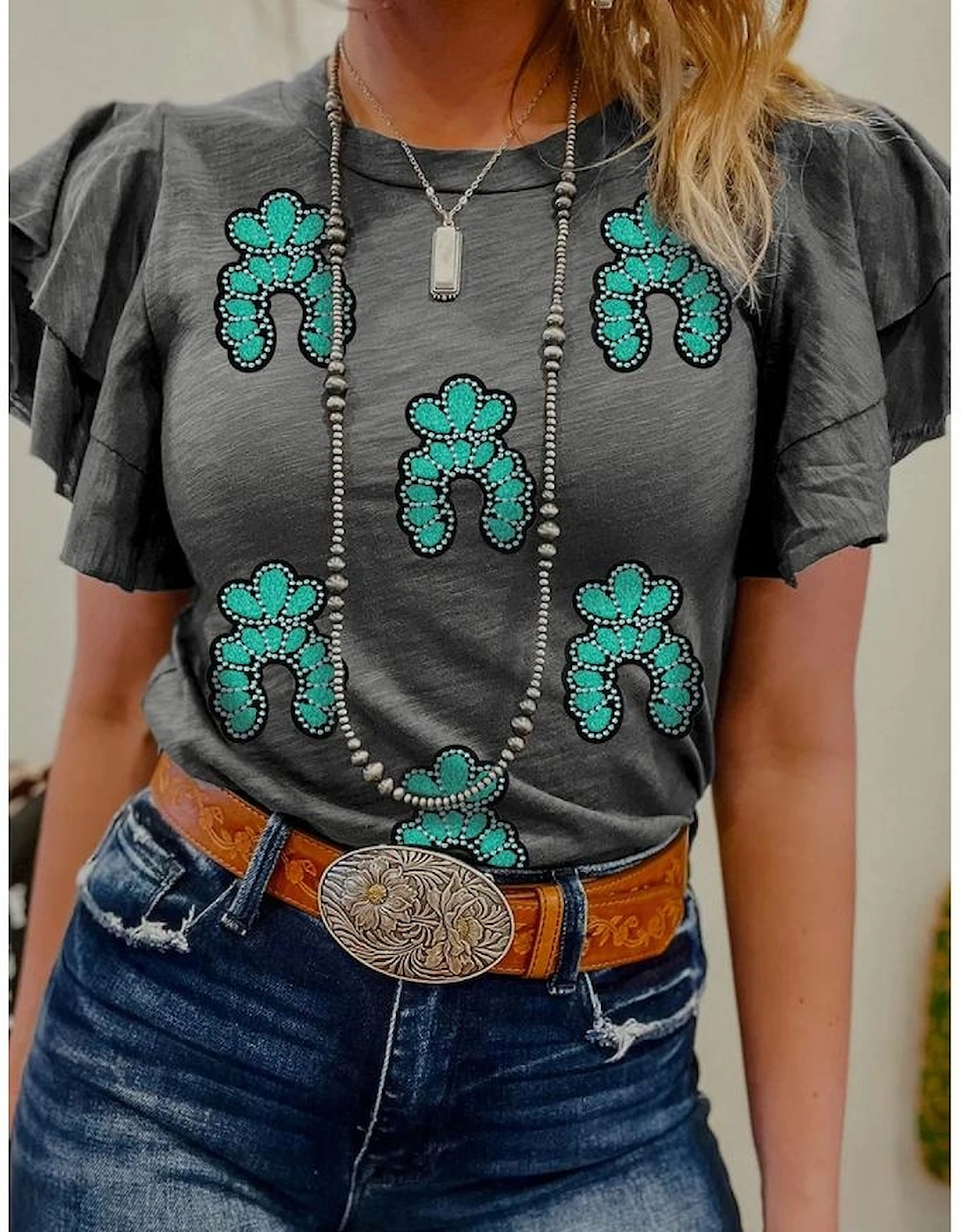 Dark Grey Sequin Turquoise Pattern Ruffle Sleeve Cowgirl Tee