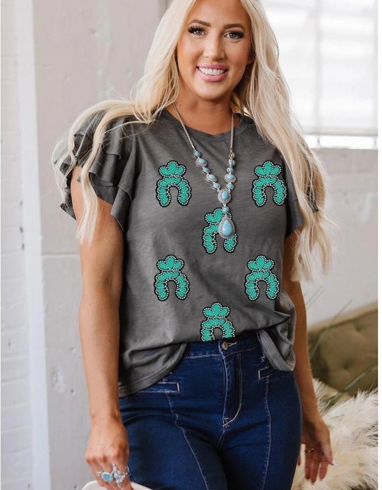 Dark Grey Sequin Turquoise Pattern Ruffle Sleeve Cowgirl Tee