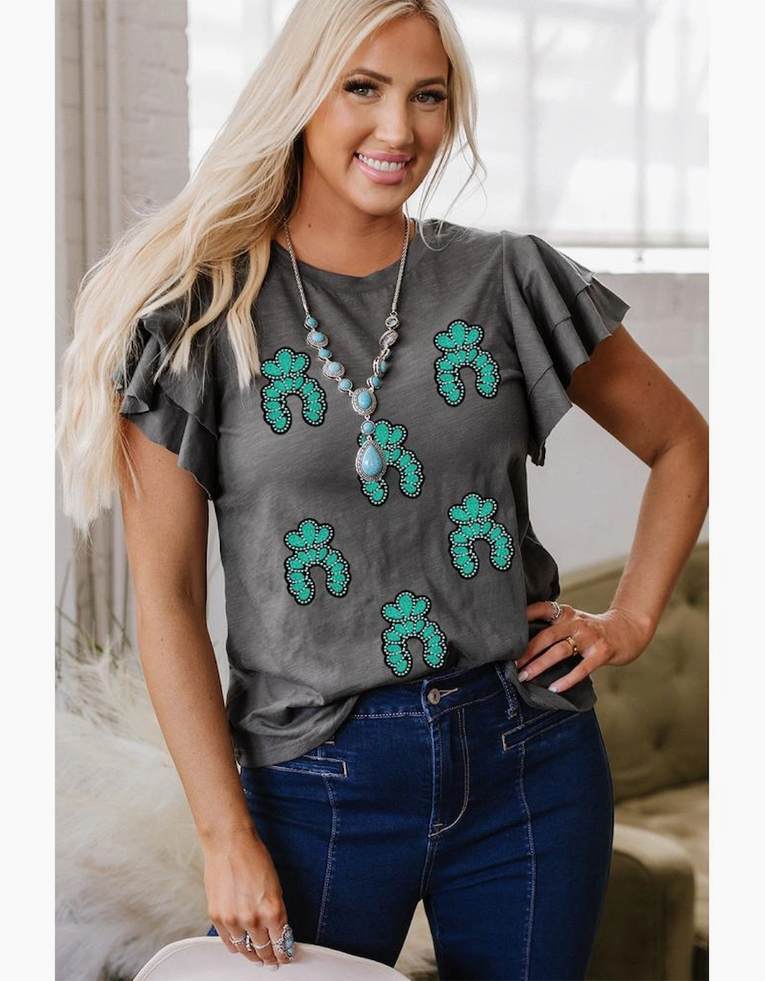 Dark Grey Sequin Turquoise Pattern Ruffle Sleeve Cowgirl Tee, 10 of 9