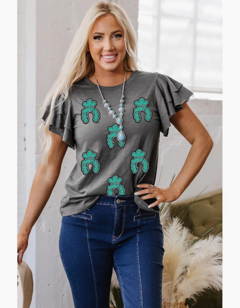 Dark Grey Sequin Turquoise Pattern Ruffle Sleeve Cowgirl Tee