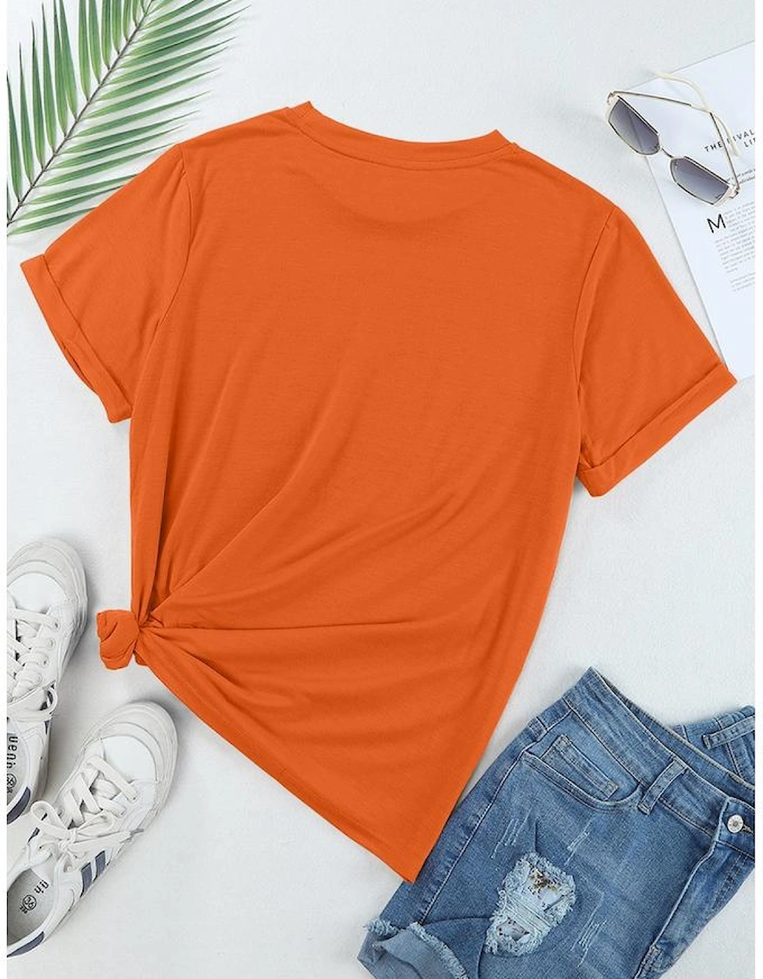Orange Casual Plain Crew Neck Tee