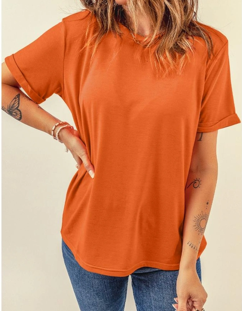 Orange Casual Plain Crew Neck Tee