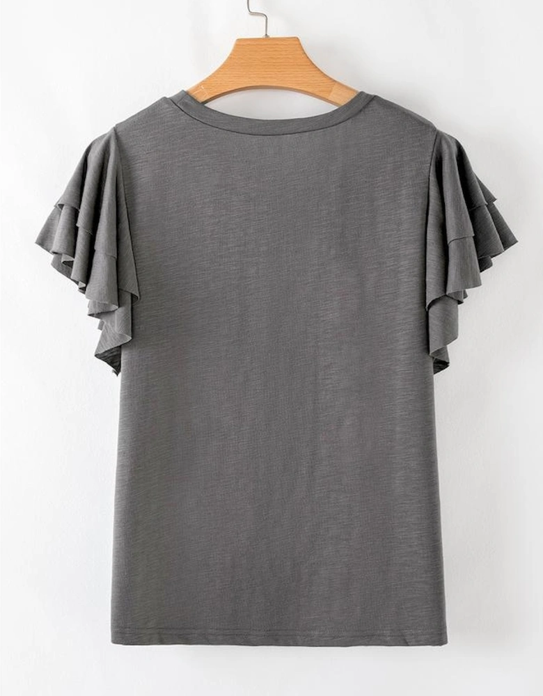 Dark Grey Sequin Turquoise Pattern Ruffle Sleeve Cowgirl Tee