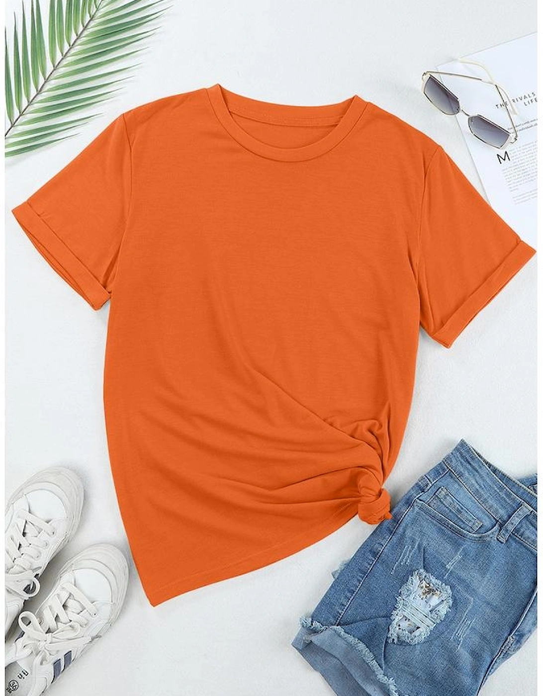 Orange Casual Plain Crew Neck Tee