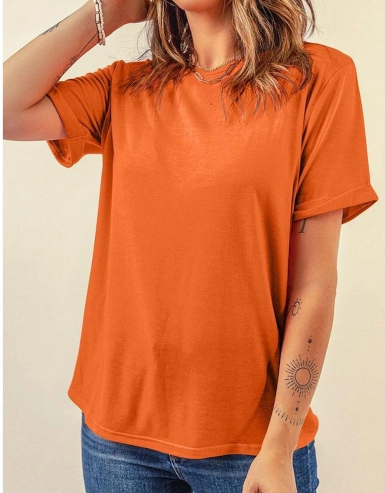 Orange Casual Plain Crew Neck Tee
