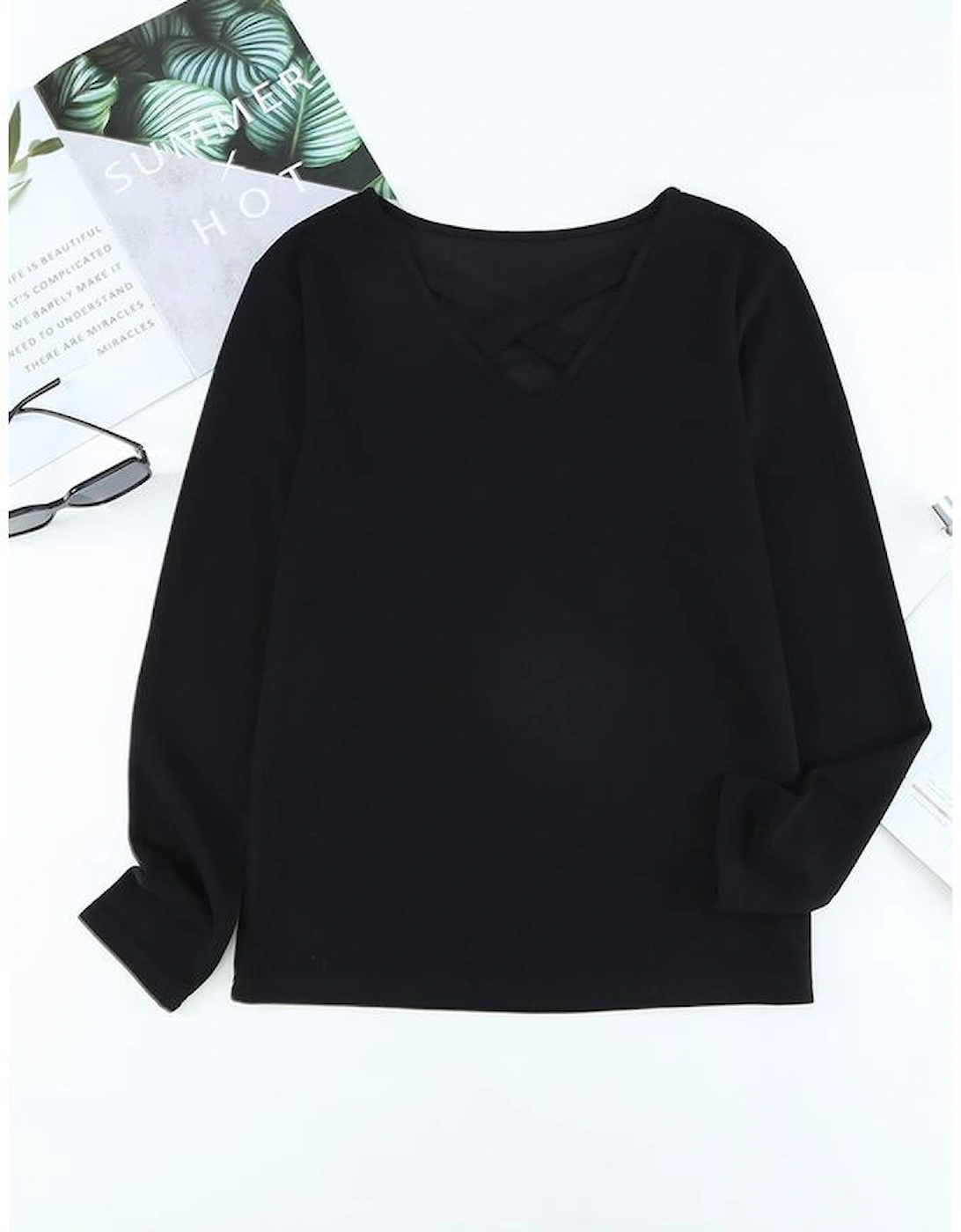Azura Exchange Black Crisscross Neck Ribbed Knit Top