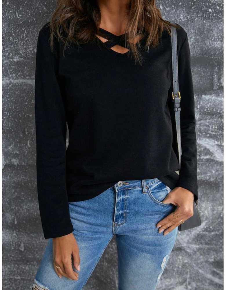 Azura Exchange Black Crisscross Neck Ribbed Knit Top