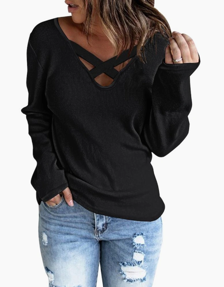 Azura Exchange Black Crisscross Neck Ribbed Knit Top