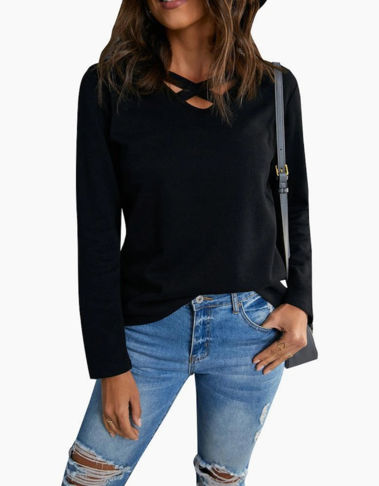 Azura Exchange Black Crisscross Neck Ribbed Knit Top