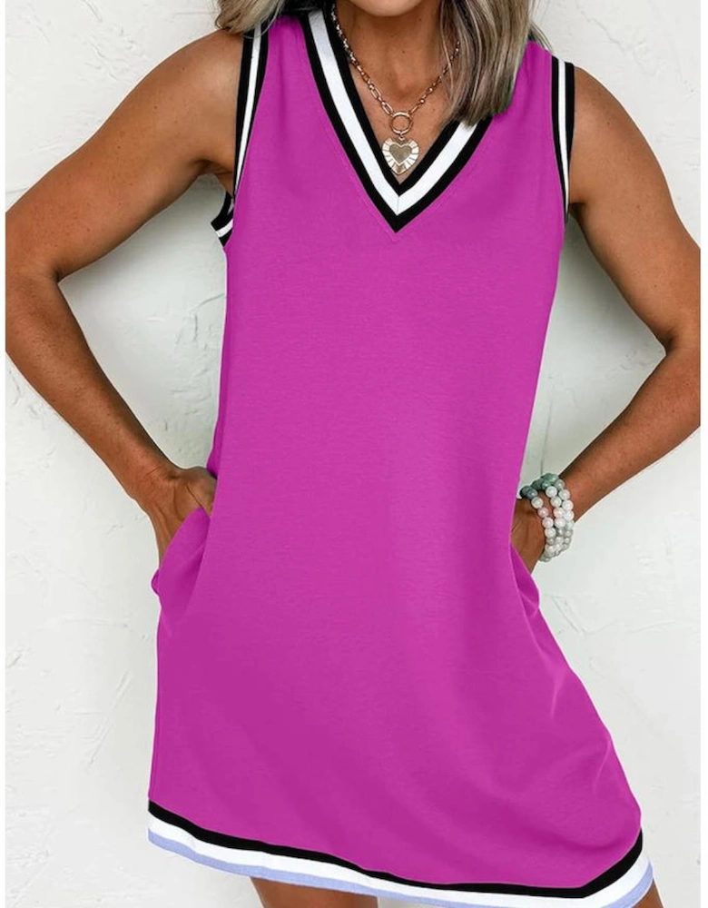 Purple Orchid Color Contrast Trim V Neck Shift Sleeveless Mini Dress