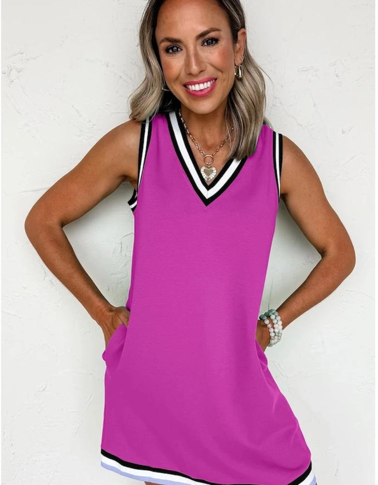Purple Orchid Color Contrast Trim V Neck Shift Sleeveless Mini Dress