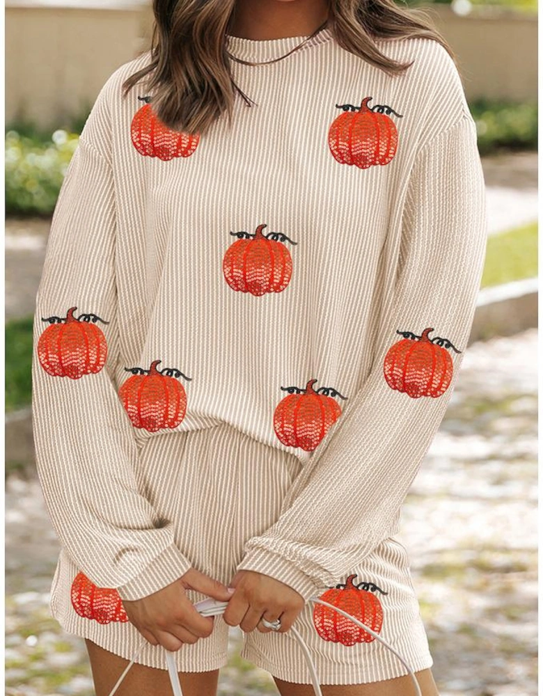 Parchment Twisted Rib Sequin Pumpkin Patched Long Sleeve Pullover and Shorts Set