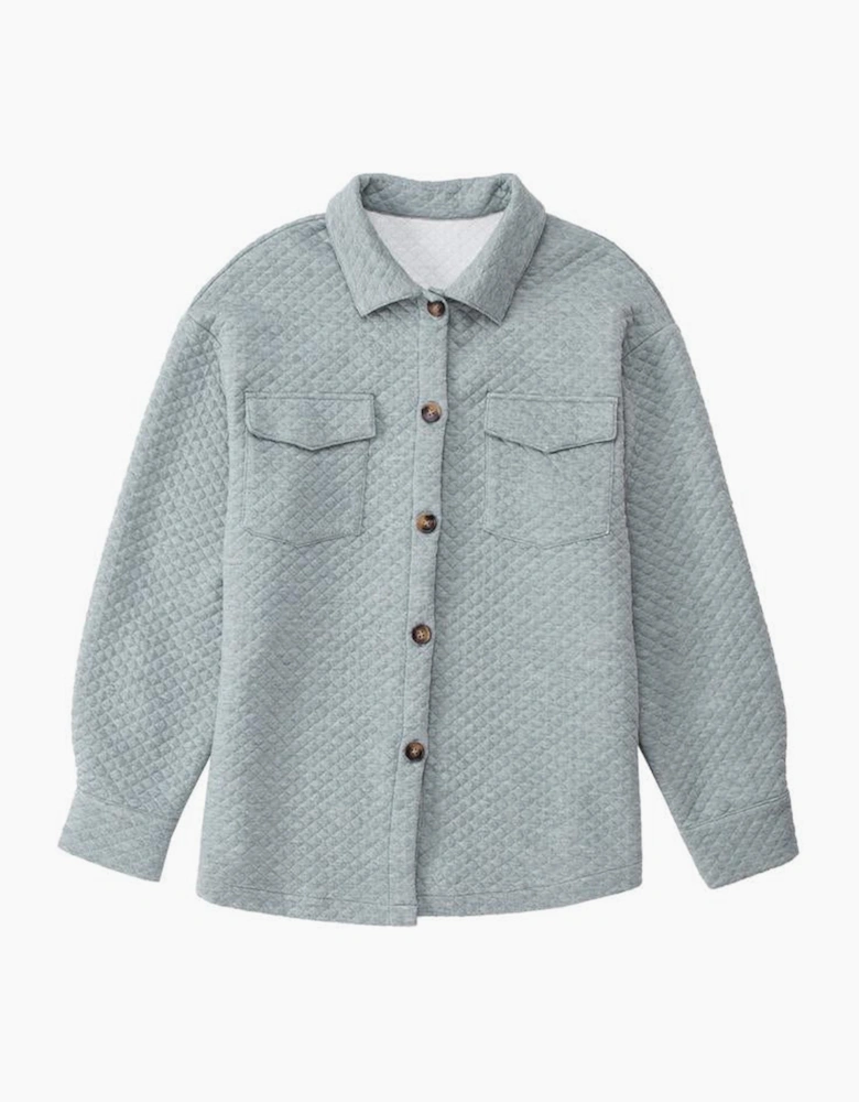 Gray Retro Quilted Flap Pocket Button Shacket