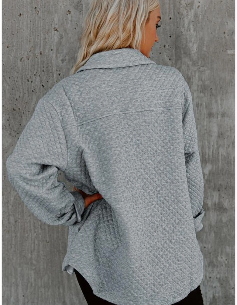 Gray Retro Quilted Flap Pocket Button Shacket