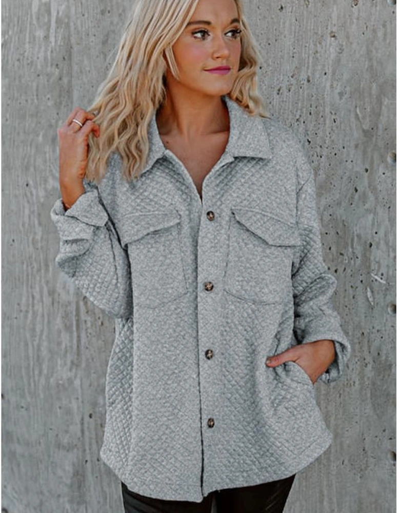 Gray Retro Quilted Flap Pocket Button Shacket